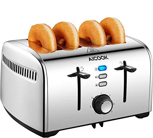 AICOOK Tostapane 4 Fette 1700W Tostapane Senza BPA con Profond  Larghi 42CMSlot ExtraGrandi 7 Livelli di Tostatura Funzione Defrost  Bagel  Cancel Vassoio Raccoglibriciole Smontabile