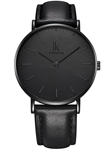 Alienwork IK All Black Orologio Unisex Uomo Donna Cuoio nero Analogico Quarzo Impermeabile Ultra-sottile Slim