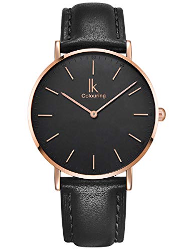 Alienwork Orologio Unisex Donna Uomo Cuoio nero Analogico Quarzo oro rosa Impermeabile Ultra-sottile Slim