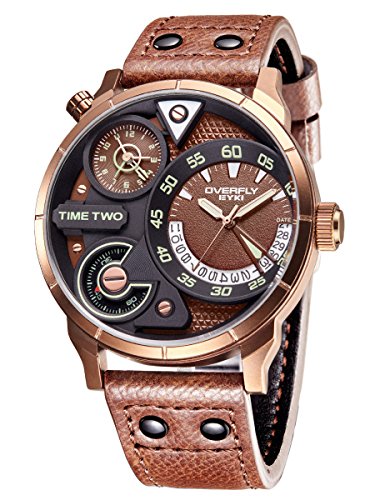 Alienwork Orologio Uomo Ecopelle rosolare Analogico Quarzo Calendario Data bronzo marrone Impermeabile Multi-fuso orario XL Grande