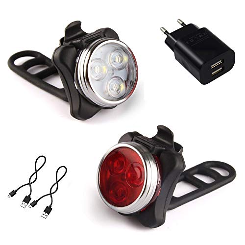 AMANKA Luci per Bicicletta, Set Luce Bici LED Light con 5V/2A Caricabatterie, 400LM, Luci Bici LED di Avvertimento Set Fari Posteriori Combinazioni