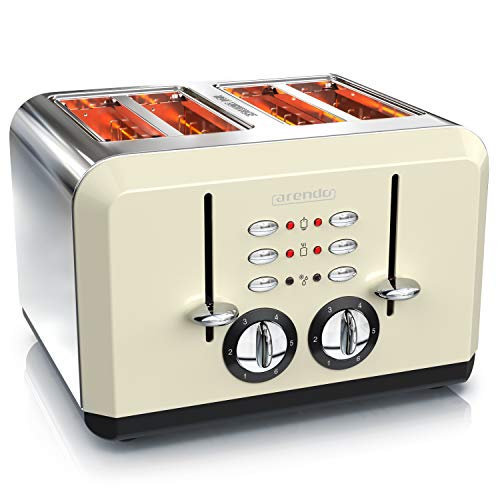 arendo – Tostapane Automatico a 4 fette – Acciaio Inox – Fino a 4 Toast farciti – 6 Livelli di doratura- Funzione Riscaldamento e Scongelamento – Vassoio briciole – Crema