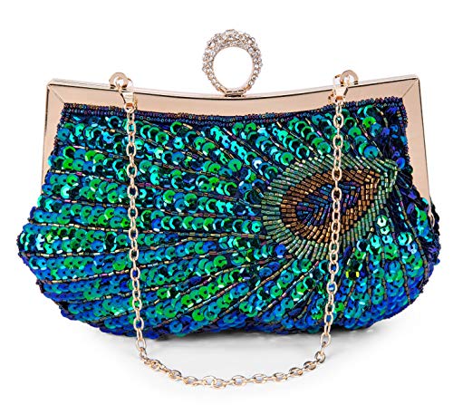 BAIGIO Pochette Donna Cerimonia Paillettes Pavone Verde Clutch Elegante Borsetta da Sera Vintage Borsa per Matrimonio Festa Cocktail