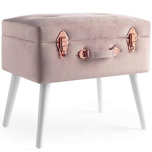 Beautify Sgabello Ottomano Pouf Poggiapiedi con Contenitore in Velluto Rosa 2 in 1 – Velluto morbido al tatto – Rosa con borchie rosa dorate