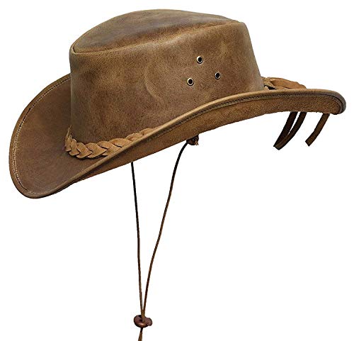 BRANDSLOCK Mens Vintage Grande Bordo del Cowboy Australiano di Stile Occidentale Bush Cappello con Chin Cord Marron XL
