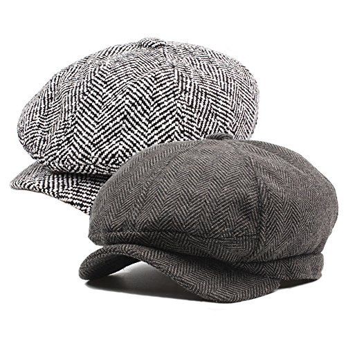 DecStore Pacco di 2 Uomo Cotone Cappuccio Berretti Edera Cappelli Guida Cappelli Invernale Vintage Beret Hat(Brown+Black And White)