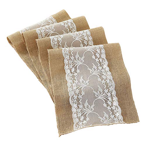 Deggodech 1PC Naturale Juta Burlap Runner da Tavola Vintage Rustico Iuta Tovaglia con Pizzo Bianco per Festival Matrimonio Decorazione della Tavolo Iuta 30x275cm