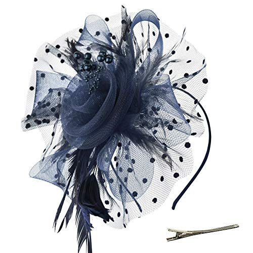 DRESHOW Fascinators Cappello Flower Mesh Nastri Piume su una fascia e una clip a forcella Cocktail Tea Party Copricapo per ragazze e donne