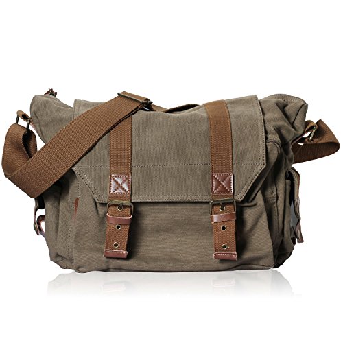 DRF Borsa Messenger in Tela Vintage + Custodia morbida per Fotocamera per Viaggio DSLR/laptop 14.5″ BG-22 (Verde)