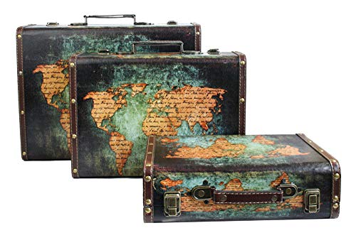 Emartbuy Set di 3 Scatole Stile Valigia Bagaglio Portaoggetti Decorative retrò Stampate con Manico in Ecopelle e Chiusure Metalliche di Bloccaggio – Mappa del Mondo