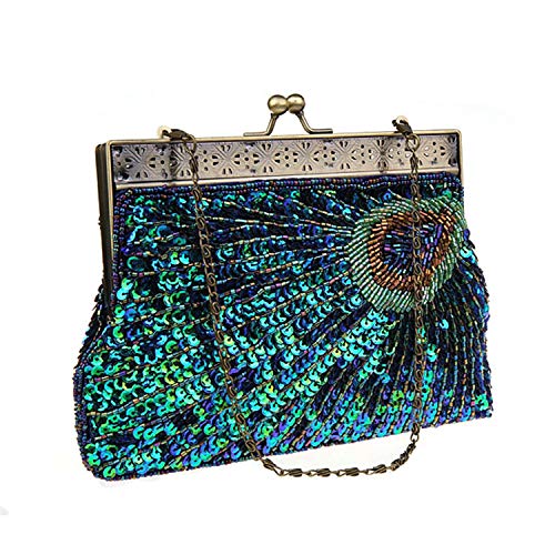 EVEOUT Pochette Vintage da Donna blu Verde Pavone Antico Perline Paillettes Abito da Sera Turchese Stilista Elegante Portafoglio Signora Festa Nuziale