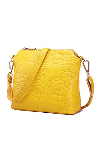 Howoo Pelle Genuino Vacchetta Borsa a Tracolla Piccolo Borsetta Vintage Retro Sbalzato Messaggero per donne/ragazze Giallo chiaro