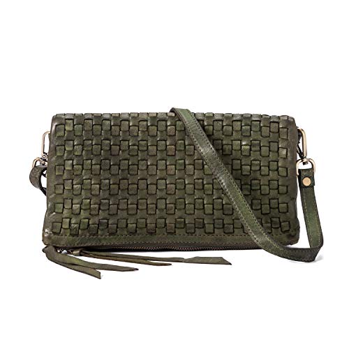 Ira del Valle, Borsa Clutch Vintage Intrecciata Donna e Ragazza, Pochette da Polso Morbida e Capiente in Vera Pelle, Borsetta a Mano e Spalla con Tracolla, Modello Chicago, Made in Italy (Verde)