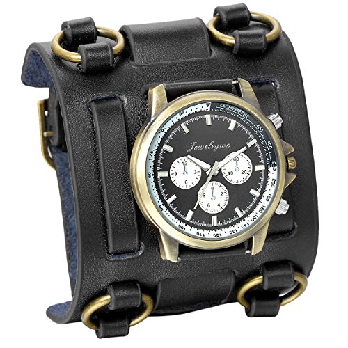 Jewelrywe Orologio da Polso Uomo Ragazzi Quadrante Nero/Marrone Bracciale Marron/Nero in Pelle Larga Multi Stili