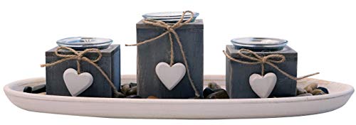 khevga Vassoio Grigio in Legno e Lanterne Decorate con Cuori