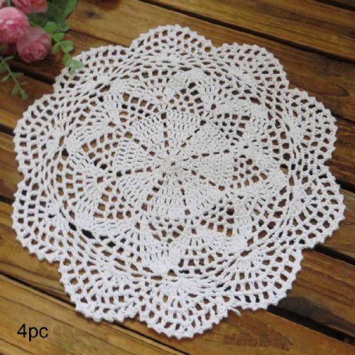 kilofly, Centrino da tavolo in cotone lavorato all’uncinetto, tovagliette a fantasia floreale, confezione da 4, Cotone, bianco, 10 inch white