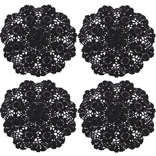 kilofly – Centrino da tavolo in cotone lavorato all’uncinetto, tovagliette a fantasia floreale, confezione da 4, Cotone, Black, 12 inch black