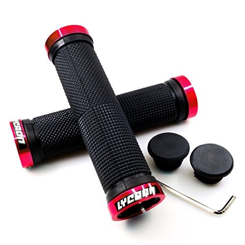 LYCAON Impugnature per Manubrio Bici, Impugnatura per Bicicletta Antiscivolo in Gomma con Chiusura in Alluminio (Rosso, General End Caps)