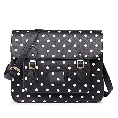 Miss Lulu marca Vintage a pois in finta pelle lavoro ventiquattrore borsa sacchetto di scuola borsa, (Polka Dots Black),