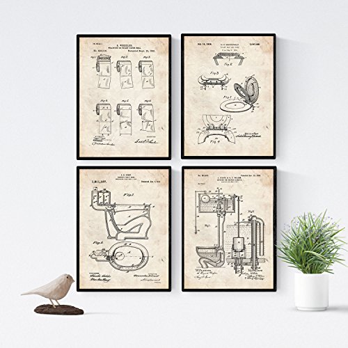 Nacnic Vintage – Confezione da 4 Fogli con BREVETTI Toilette. Impostare manifesti con invenzioni e Vecchi brevetti. Scegli Il Colore Che gradite. Stampato su Alta qualità 250 Grammi