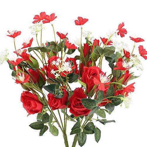 NAHUAA 2 Pezzi Fiori Artificiali Rossi Bouquet Fiore Rosa in Seta Vintage Mazzi Fiori Finti da Esterno Interno Piante Cespugli di Plastica per Matrimonio Centrotavola Decorazione Soggiorno Balcone