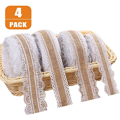 Nastro in juta con pizzo bianco, rotolo di nastro in iuta naturale con bordo in pizzo vintage per matrimoni Natale feste artigianato regali decorazioni (4 pezzi, 2 m)