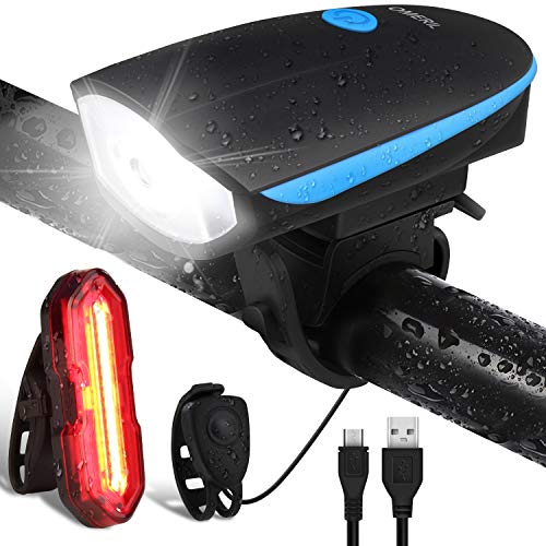 OMERIL Luci Bicicletta LED Ricaricabili USB con Clacson, Luce Bici Anteriore e Posteriore Super Luminoso Luce Bici LED per Bici Strada e Montagna- Sicurezza per Notte