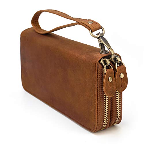 Pochette da uomo in vera pelle con cerniera doppia borsa con cerniera 4 portafoglio intercambiabile con cerniera (Marrone)