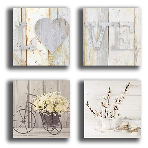 Quadretti da parete SHABBY CHIC camera da letto vintage bicicletta fiori 4 pezzi 30×30 cm XXL Stampa Tela quadro moderno arredamento Arredo Salotto Camera da letto Cucina Ufficio