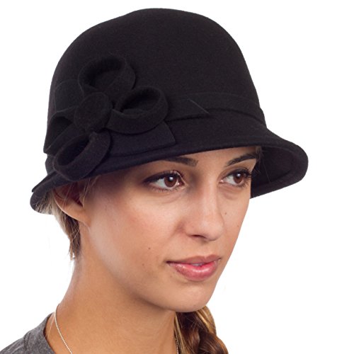 Sakkas 0121LC – Cappello Invernale da Donna in Stile Vintage 100% in Lana con Fibbia a Forma di Fiocco con Motivo Floreale a Nastro – Nero/Taglia Unica