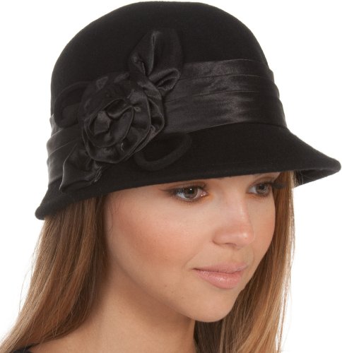 Sakkas EH1121LC – Womens Vintage Style 100% Lana Cloche Bucket Winter Hat con Accento di Fiori di Raso (6 Colori) – Nero/Taglia Unica