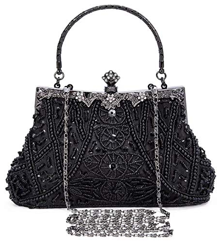 Selighting Pochette Elegante Nera Perle, Clutch Donna Cerimonia Borsetta da Sera Vintage Borsa a Tracolla Catena per Matrimonio Sposa Cocktail Festa (Nero)