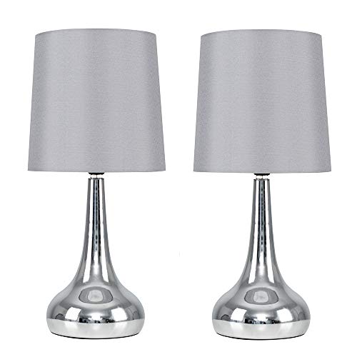 Set di 2 – Lampada da tavolo con funzione touch – Finitura cromata lucida e paralume grigio di tessuto – nella forma di una gocciolina/lacrima
