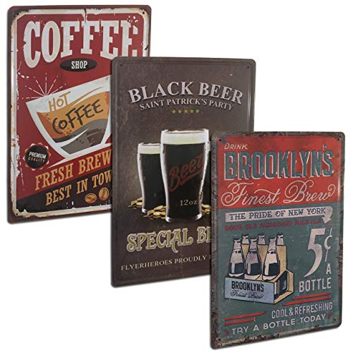 Set di 3 targhe decorative vintage per cucina sala da pranzo caff bar caffetteria ristorante birreria Cartelli retr decorazione vintage placche metalliche da 20 x 30 cm