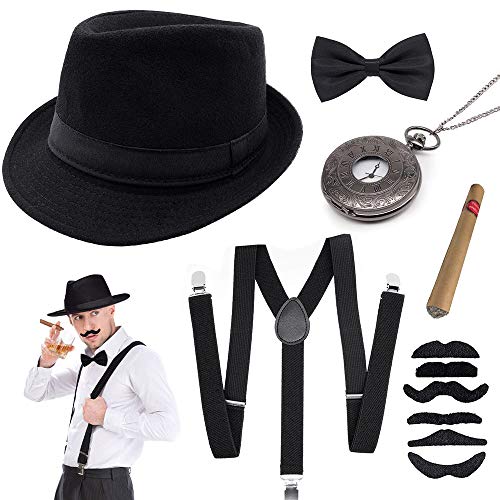 SPECOOL 1920s Uomo Accessori Anni 20s Dress Costume Set per Fancy Gatsby Kit con Cappello Panama da Gangster Bretella Elastiche Regolabili Papillon e Orologio da Taschino Vintage Sigaro