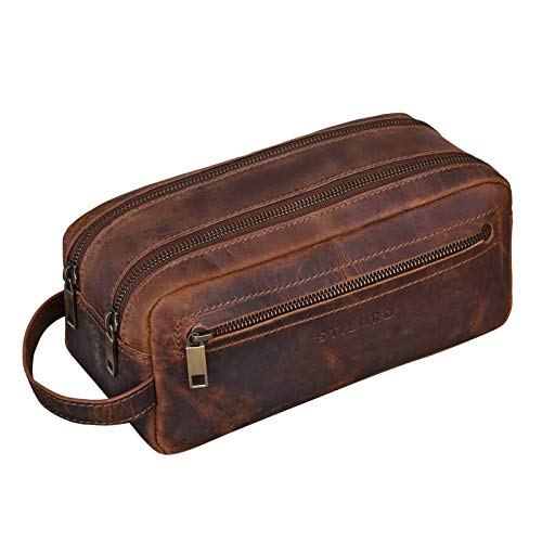 STILORD Beauty Case Uomo in Pelle Borsetta da viaggio Astuccio Trousse da bagno e palestra Borsa da Toilette con manico vintage cuoio, marrone cognac