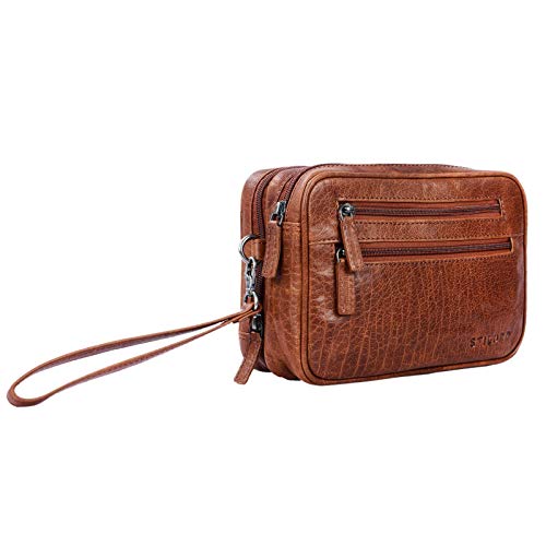 STILORD ‘Nero’ Pochette uomo con cinturino da polso in pelle Borsetta a mano Organizer da viaggio in cuoio Trousse Borsello piccolo vintage, Colore:brandy – marrone