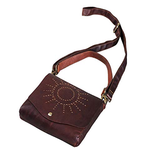STILORD ‘Sonja’ Borsa Donna Tracolla Piccola in Pelle Borsetta Vintage con Disegno Sole Pochette Clutch in Cuoio Qualità, Colore:cognac marrone scuro