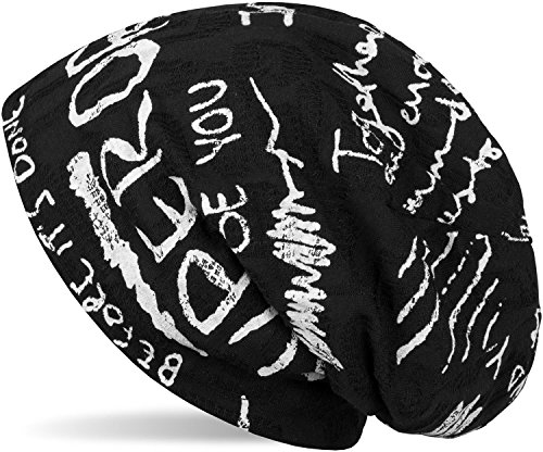 styleBREAKER Cuffia Beanie con Motivo a Scritta dal Look Vintage Destroyed, Slouch longbeanie, Unisex 04024074, Colore:Nero