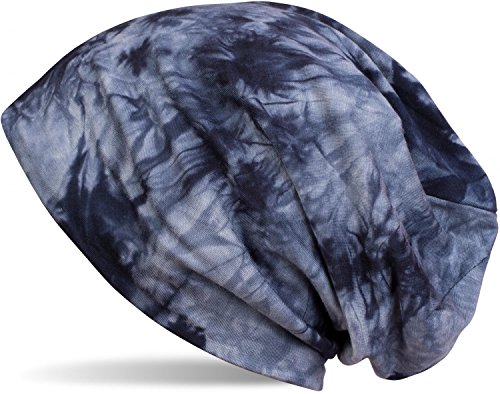 styleBREAKER Cuffia Beanie dal Motivo Batik, Look Vintage Washed, Slouch longbeanie, Unisex 04024081, Colore:Blu Scuro-Blu