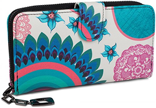 styleBREAKER portafogli con fiori e etnici e design colorato, design vintage, chiusura con cerniera, portamonete, donna 02040040, colore:Bianco-Turchese-Blu