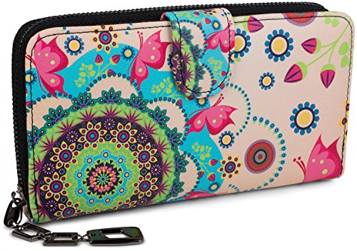 styleBREAKER portafogli con fiori e etnici e design colorato, design vintage, chiusura con cerniera, portamonete, donna 02040040, colore:Rosa-Turchese-Verde-Rosa