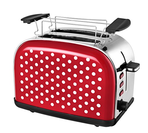 Team Kalorik Tostapane a 2 fessure in acciaio inox Design vintage Supporto scaldavivande rialzato Vassoio raccogli briciole 1050 W Rosso a pois bianchi TKG TO 1045 RWD