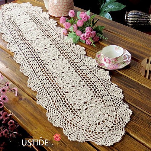 Ustide – Set di 2 runner da tavola ovali, in cotone di colore beige, fatti a mano all’uncinetto, con motivo floreale, Cotone, White, 11″X39″(30cmX100cm)
