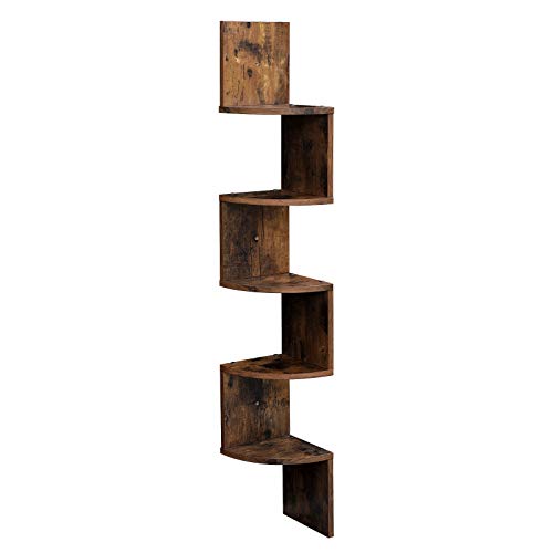 VASAGLE Scaffale Angolare a Parete con 5 Ripiani, Mobile di Legno per Cucina, Camera da Letto, Soggiorno, Studio, Marone Vintage LBC20BX
