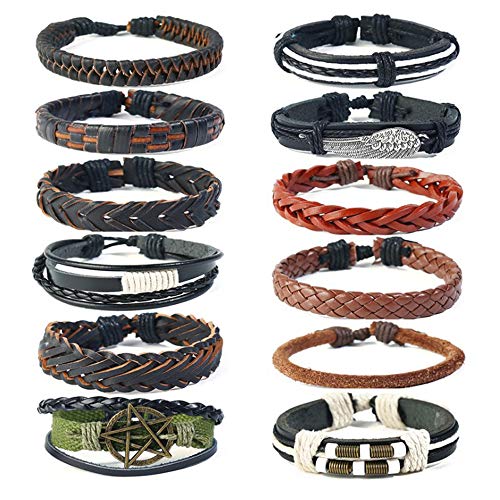 12 Pezzi Bracciali Tessuti Vintage Bracciali in PelleIntrecciataBracciali BraccialettiBraccialetti Fatti a Mano Set di Avvolgimento Corda Braccialetto Regolabile Braccialetto Punk Vintage