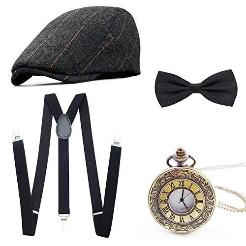 1920s Fancy Dress Set per Costume da Uomo, Gatsby Costume Kit con Cappello Panama da Gangster, Bretella Elastiche Regolabili, Papillon, e Orologio da Taschino Vintage