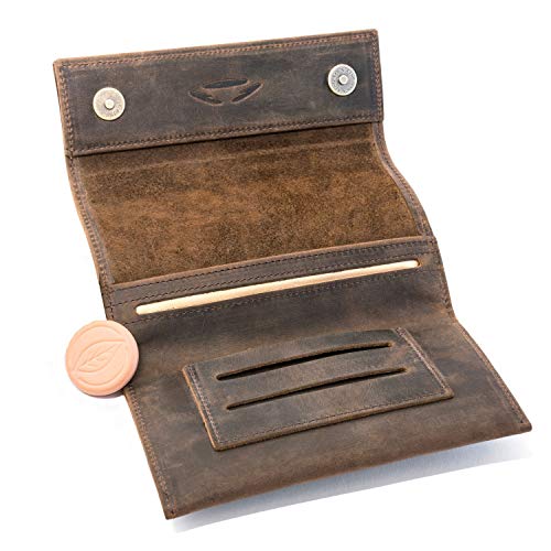 COMARI Porta tabacco in cuoio | doppio scomparto per cartine e filtri | chiusura magnetica | umidificatore per tabacco gratis (marrone vintage)