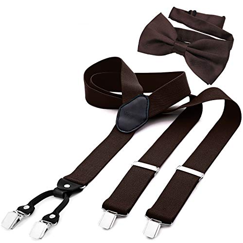 DonDon Bretelle Uomo larghezza 3,5 cm a Y elastiche e regolabili in 2er set con papillon coordinato 12 x 6 cm – Marrone