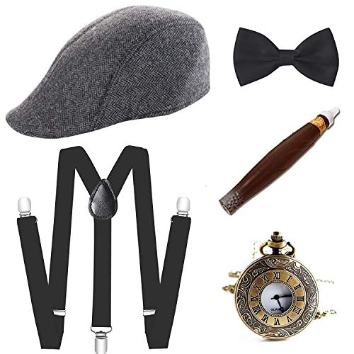 E EBETA Set di Accessori Anni 1920s per Costume da uomop Gatsby Gangster Costume Kit con Cappello Panama Elastica Bretella YBack Farfallino Sigaro Orologio da Taschino Vintage Baffi Finti A